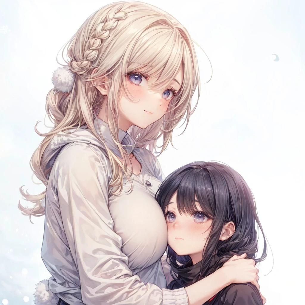 (2girls:1.4), (height_difference:1.7), (size_difference:1.3), (mature woman: 1.5), (yuri:1.3), (hugging:1.2), (:3), cute, (a giantess looking down at a girl: 1.2), (she is much taller than her: 1.3), looking at another, serafuku, school, (foreshortening:1.3), very detailed, beautiful, professionally drawn, (perfect beautiful skin), (tall woman: 1.4), (mature woman: 1.4), looking at another, (a couple looking at another: 1.2), (happy:1.2), :3, scared, (nipples), (winter sky background :1.5), (dark blue pastel colors: 1.1)