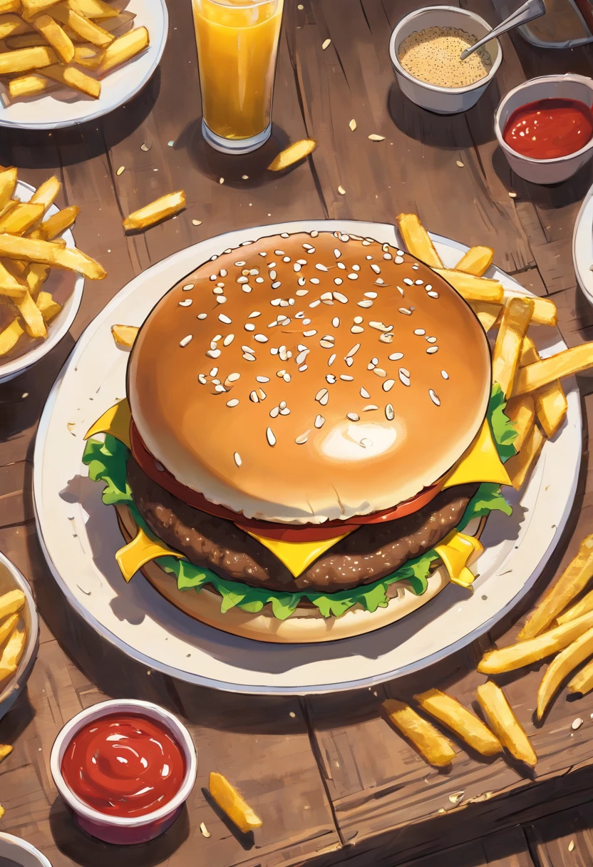 a top-down shot of a cheeseburger on a rustic wooden table, with sesame seeds sprinkled on the bun and a side of crispy golden fries, creating a classic American diner aesthetic