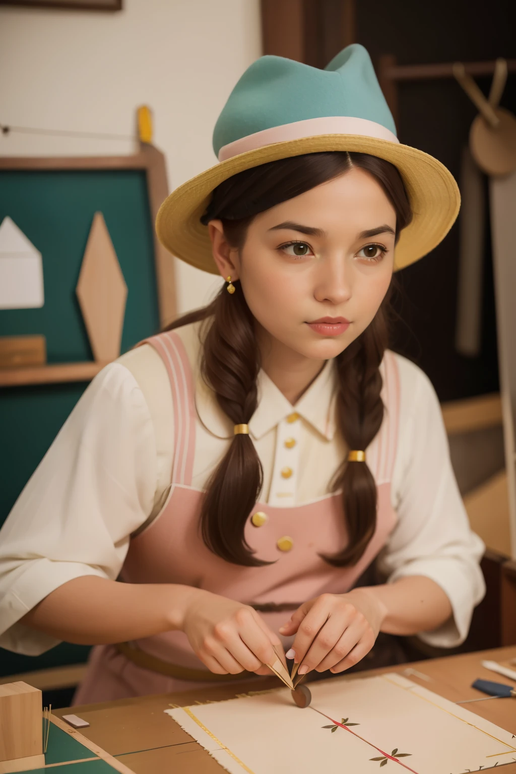 May 2023. Whimsical Hat Maker Crafting in Wes Anderson Studio.
Description: A craftsperson in their mid-40s, with a whimsical hat and a twinkle in their eye, works in a Wes Anderson hat-making studio. The close-up showcases their intricate craftsmanship and adds charm to the May millinery scene.