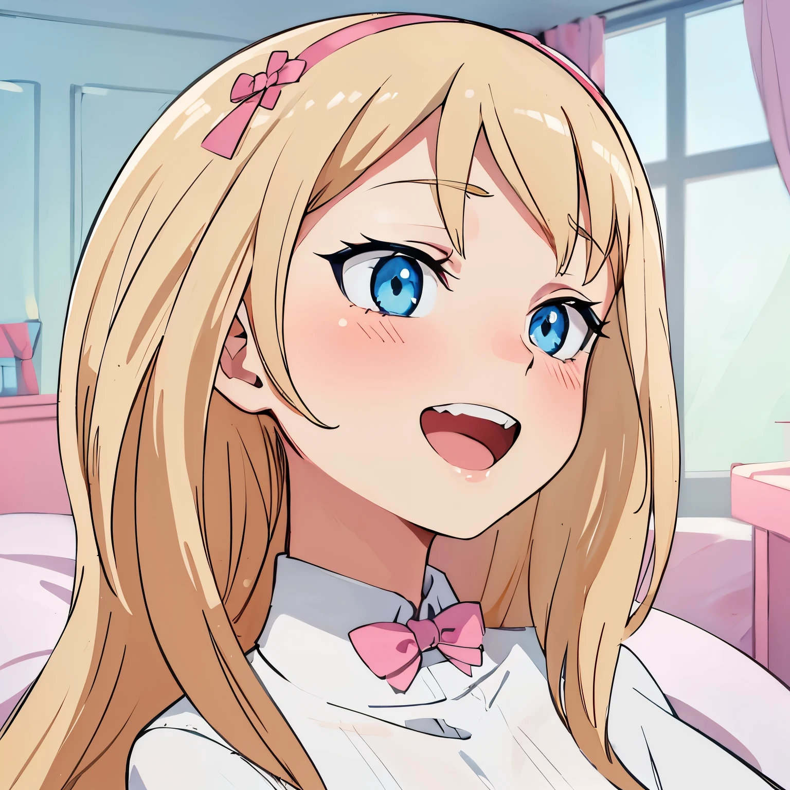 hiquality, tmasterpiece (One girl). blonde woman. blue eyes. ssmile. open mouth with teeth. white shirt. Pink Bow. room at background.