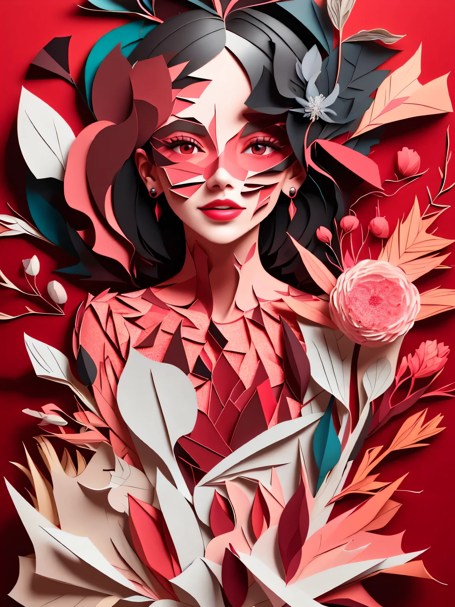 A portrait of a woman's face created out of small, layered papercuts in shades of pink, red and white. The background could be black paper to make the colors pop. It would have a pop art, mosaic effect.