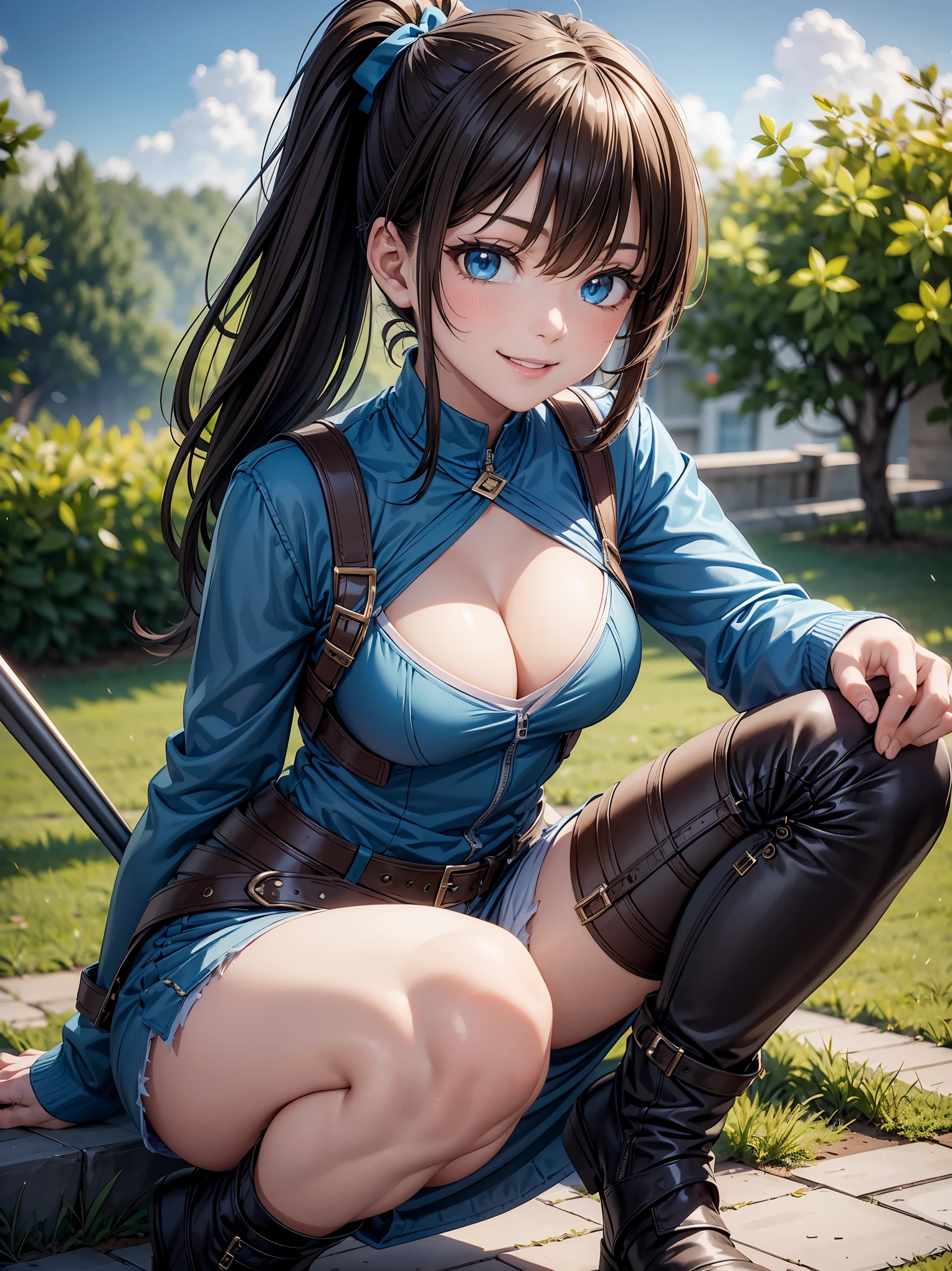 Beautiful face、Brown hair、((poneyTail、Azure eyes:1.2))、shiny and smooth hair, Smiling smile, a 18 year old girl、extremely detailed CG unified 8k wallpaper, Highly detailed, Warrior armor、shortpants、Half jacket、Short boots、squatt、Big spear、grass field、