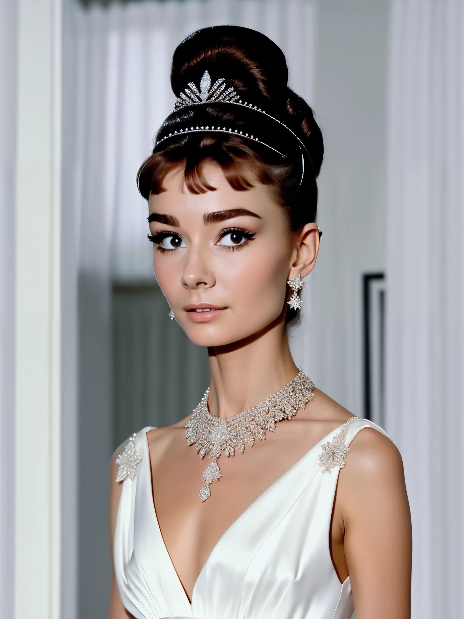 Arafed woman in white dress with tie and necklace, gorgeous female Audrey Hepburn, beautiful Audrey Hepburn, portrait of Audrey Hepburn, Audrey Hepburn, Audrey Hepburn in a horror novel, young Audrey Hepburn, korean Audrey Hepburn, diamonds on the neck, looks like Audrey Hepburn, Sleek and elegant, Wearing a tiara, Beautiful and elegant, Wearing a tiara