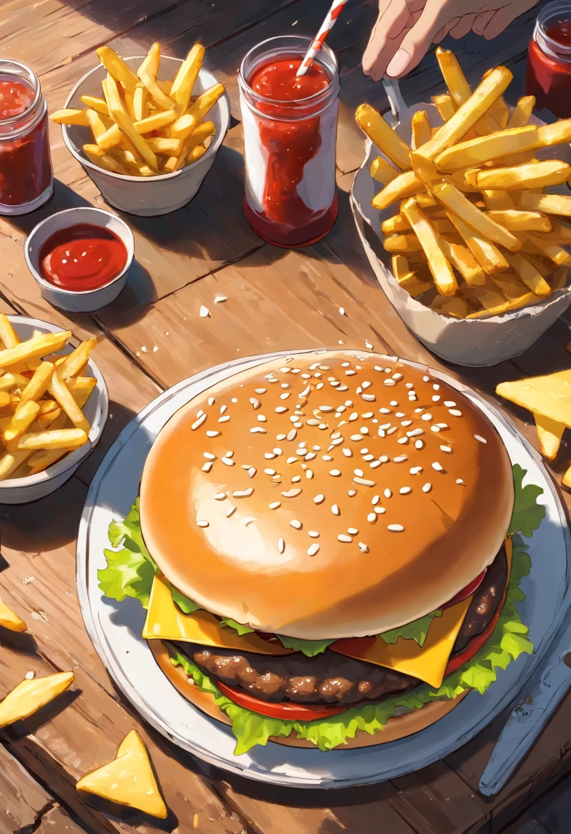 a top-down shot of a cheeseburger on a rustic wooden table, with sesame seeds sprinkled on the bun and a side of crispy golden fries, creating a classic American diner aesthetic
