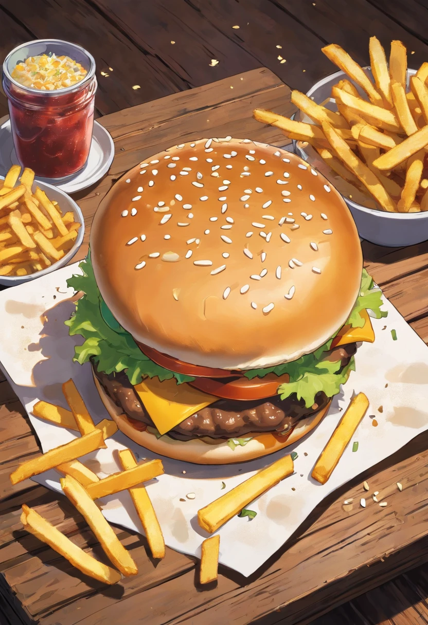 a top-down shot of a cheeseburger on a rustic wooden table, with sesame seeds sprinkled on the bun and a side of crispy golden fries, creating a classic American diner aesthetic