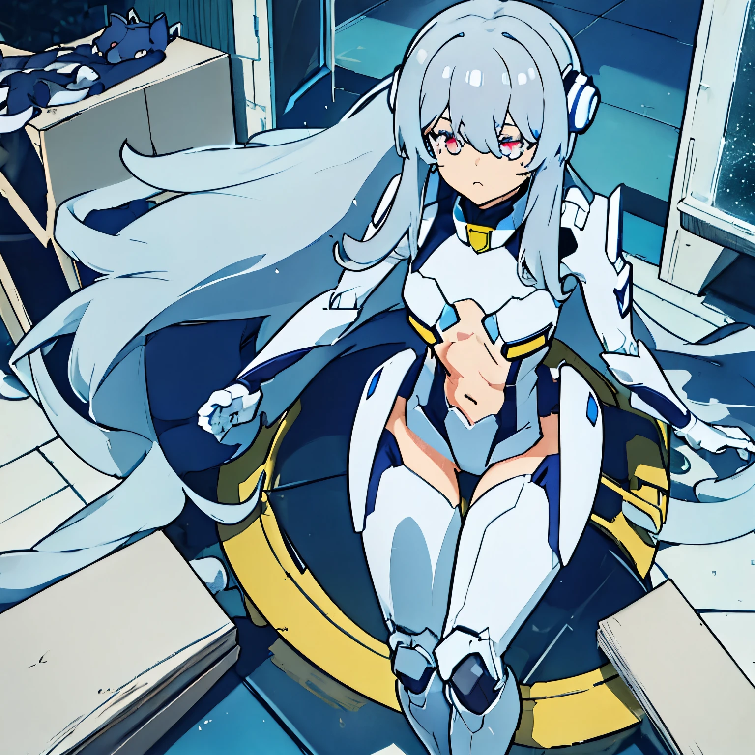 Robot Girl, Glowing eyes, , , Gray hair, Long hair, ceramic body, Thigh gap, tiny chest,