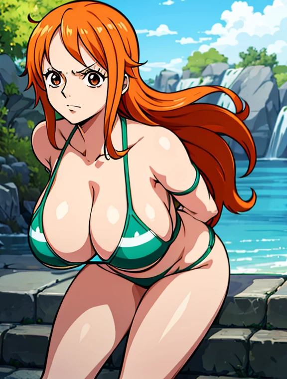 masterpiece,top-quality,Nami from One Piece, beautiful detailed brown eyes, beautiful detailed orange long hair, wearing a micro bikini,1girl,solo,beauty, very huge breasts,narrow waist,bust size is 100cm,too much exposure underwear,micro black brassiere,underwear only,cry,sexy,soaked,seductive anime girl, oppai, biomechanical oppai,oppai proportions,Both hands are tied behind their backs and restrained,show oppai,chikubi