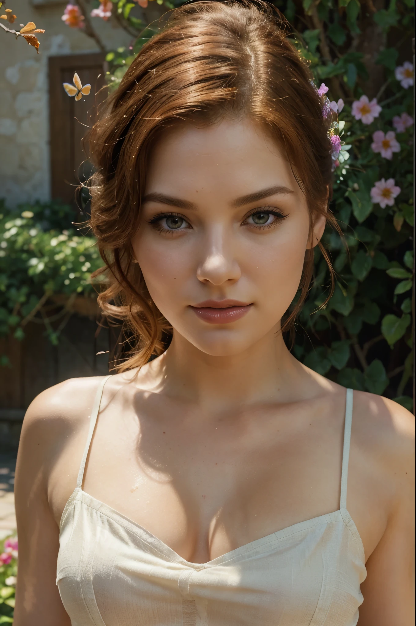 Triss Merigold face, detailed beautiful eyes, full red lips, extremely detailed facial features, long eyelashes, outdoor sunny day, warm sunlight, soft shadows, picturesque garden, vibrant plants and flowers, colorful butterflies, tranquil atmosphere, realistic portrait, high-resolution masterpiece:1.2, vivid colors, fine brushstrokes, natural skin tones, radiant complexion, professional lighting, dreamy ambiance, photorealistic rendering, full body.