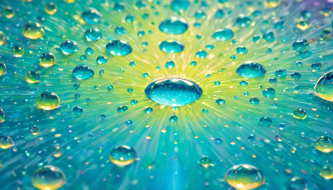 an abstract shot of water droplets on a vibrating surface, with multiple droplets creating unique and unpredictable patterns, showcasing the chaos and beauty that arises from the influence of vibration on water