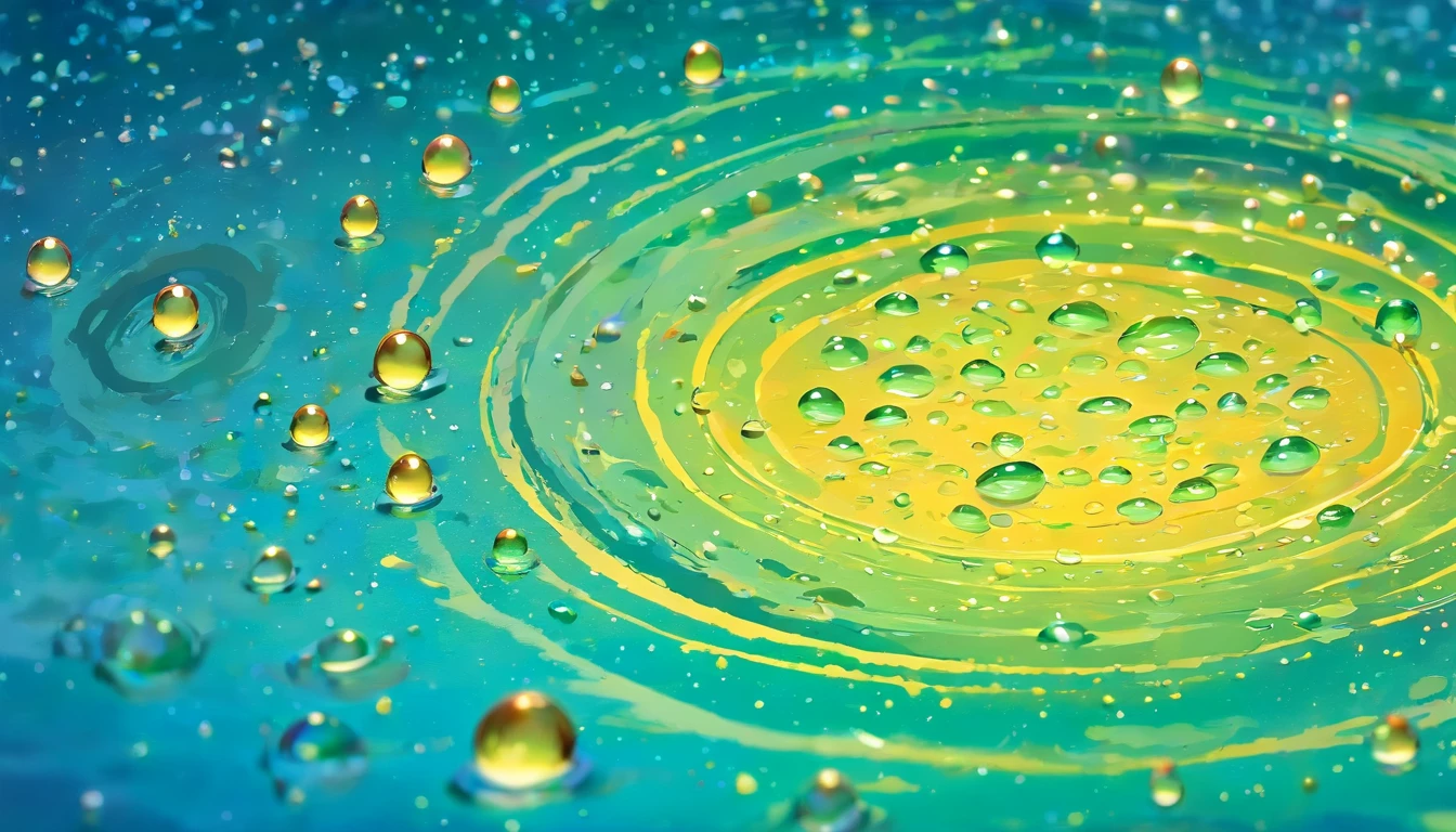 an abstract shot of water droplets on a vibrating surface, with multiple droplets creating unique and unpredictable patterns, showcasing the chaos and beauty that arises from the influence of vibration on water