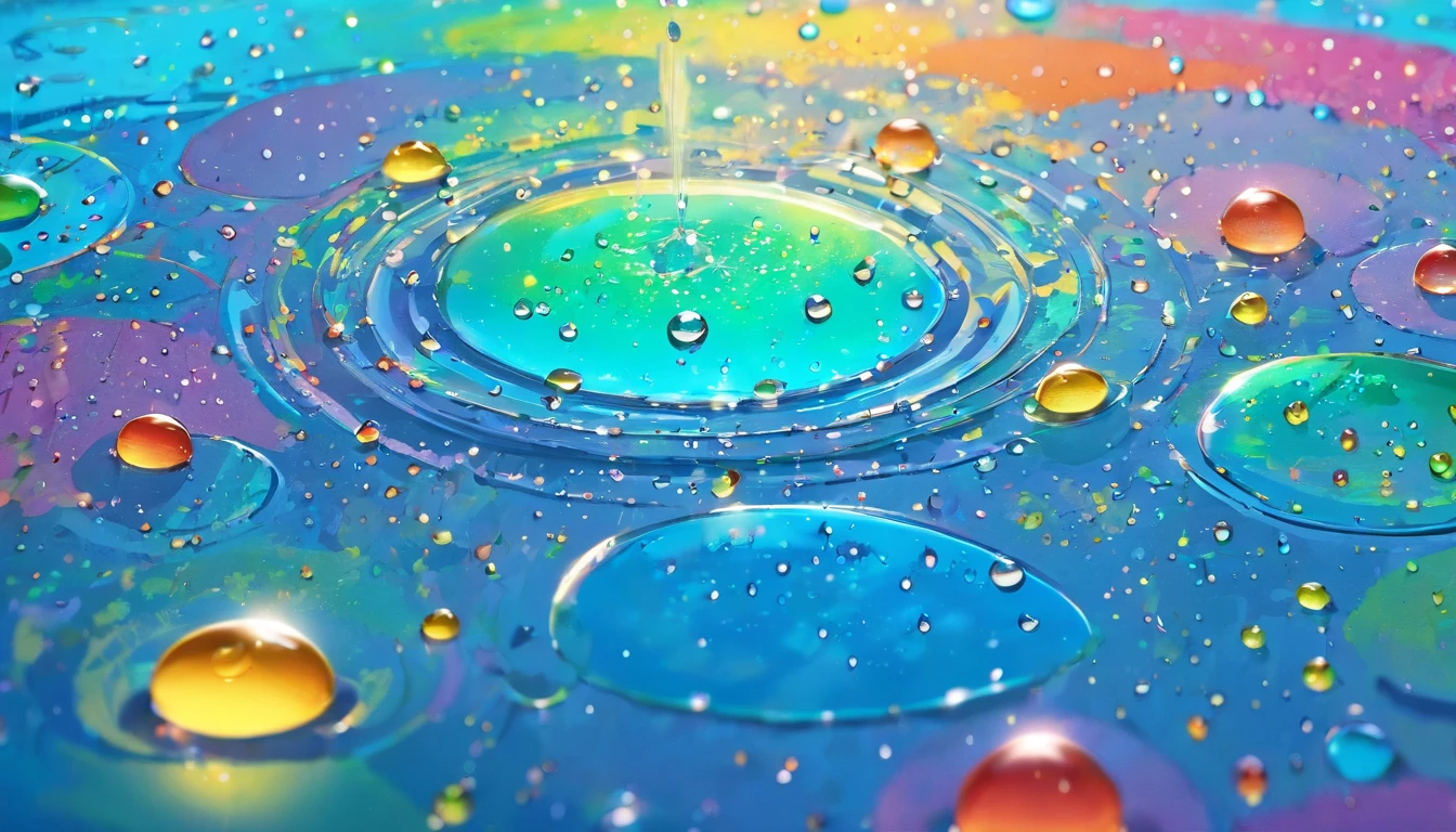 an abstract shot of water droplets on a vibrating surface, with multiple droplets creating unique and unpredictable patterns, showcasing the chaos and beauty that arises from the influence of vibration on water