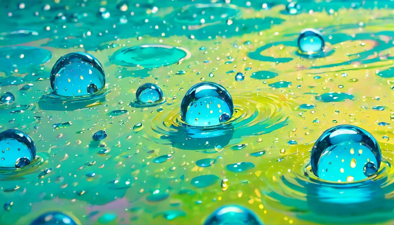 an abstract shot of water droplets on a vibrating surface, with multiple droplets creating unique and unpredictable patterns, showcasing the chaos and beauty that arises from the influence of vibration on water