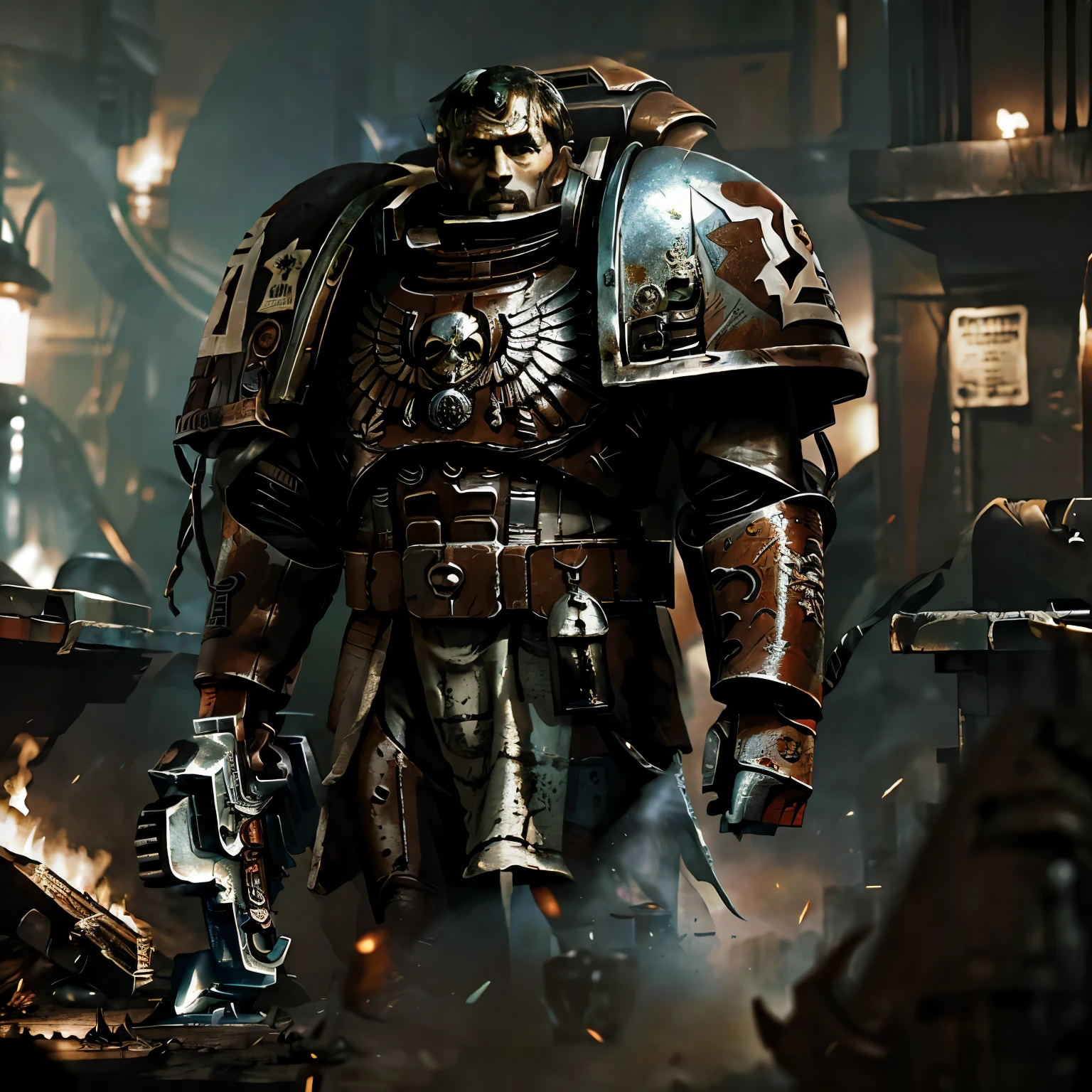 Generate an image of actor Mads Mikkelsen in the Warhammer 40k universe as a mercenary king, exuding a commanding presence and blending seamlessly into the gritty, futuristic aesthetic of the Warhammer 40k setting. Capture the essence of a battle-hardened leader with a touch of regal authority, emphasizing his role as a formidable and cunning ruler in this dystopian sci-fi world.