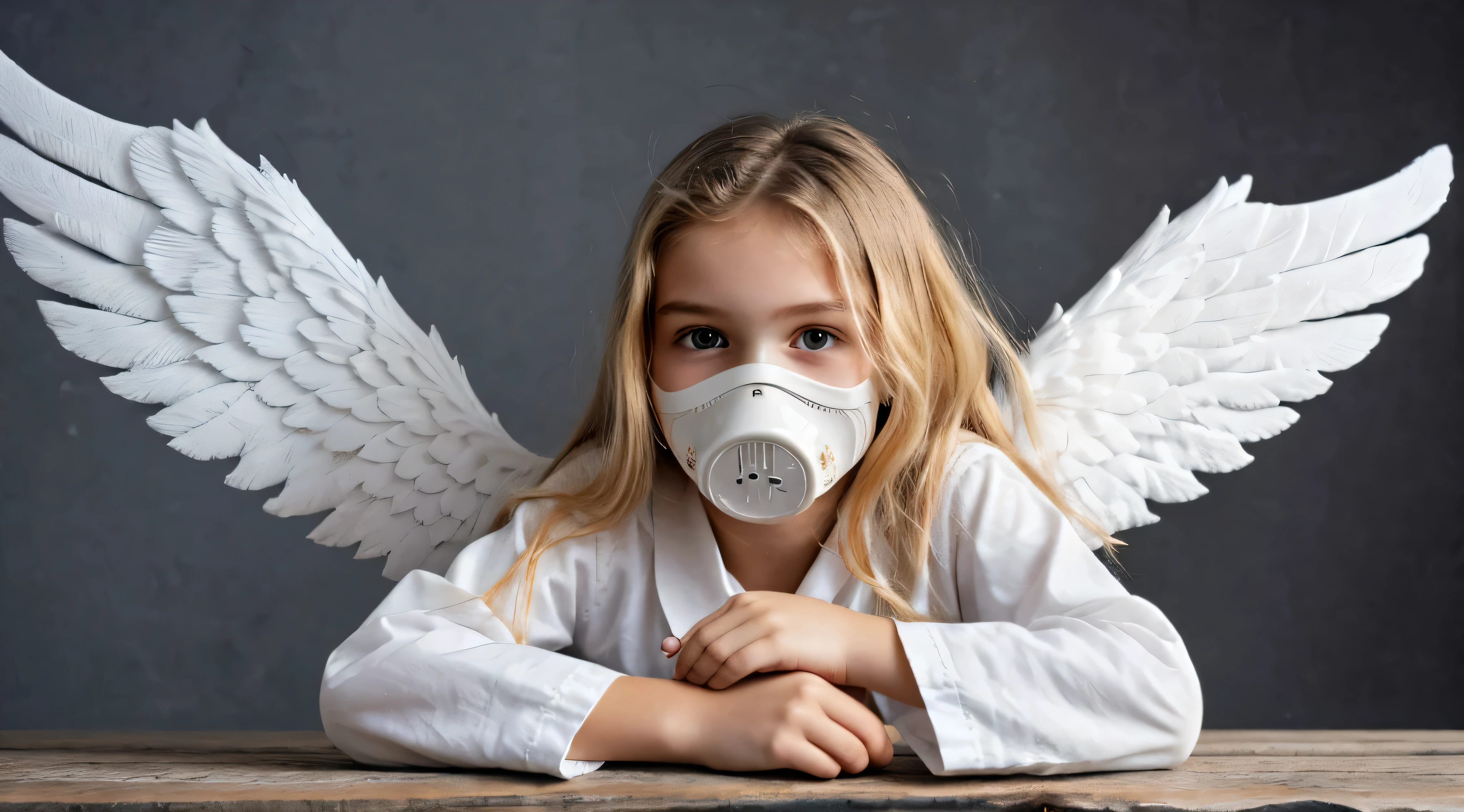 there is a smiling blonde girl, wearing a war gas mask with angel wings, wear gas mask sitting at the table, de uma linda do anjo, anjo bonito, de anjo bonito, meninajo, lindo retrato da menina do anetrato de um anjo bonito, menina com asas de tema anjo, angel themed, Anjo Feminino Fofo, angelic, angelic neon, menina alada do anjo, anpurity, angelic