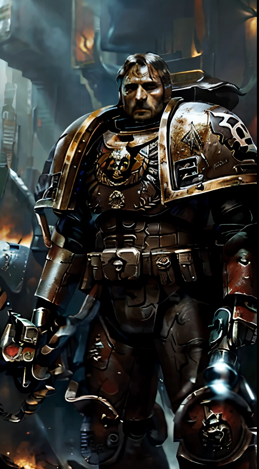 Generate an image of actor Mads Mikkelsen in the Warhammer 40k universe as a mercenary king, exuding a commanding presence and blending seamlessly into the gritty, futuristic aesthetic of the Warhammer 40k setting. Capture the essence of a battle-hardened leader with a touch of regal authority, emphasizing his role as a formidable and cunning ruler in this dystopian sci-fi world.