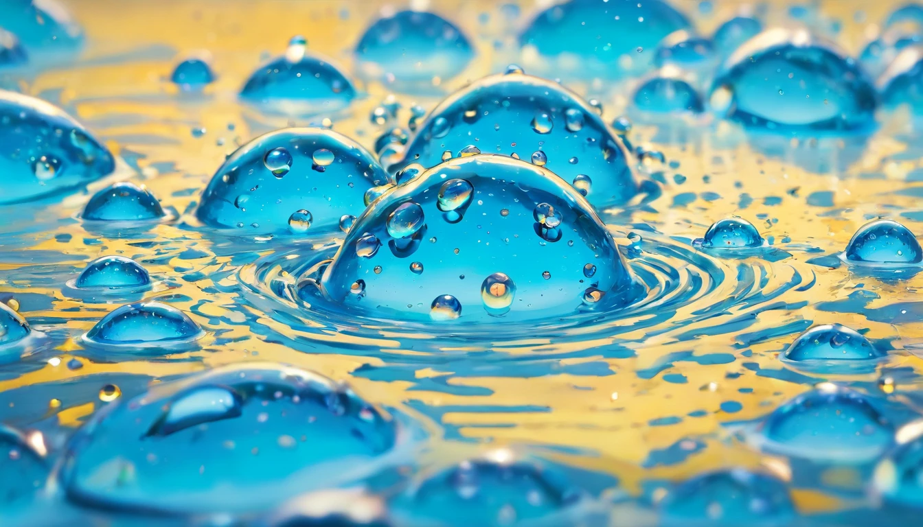 an abstract shot of water droplets on a vibrating surface, with multiple droplets creating unique and unpredictable patterns, showcasing the chaos and beauty that arises from the influence of vibration on water