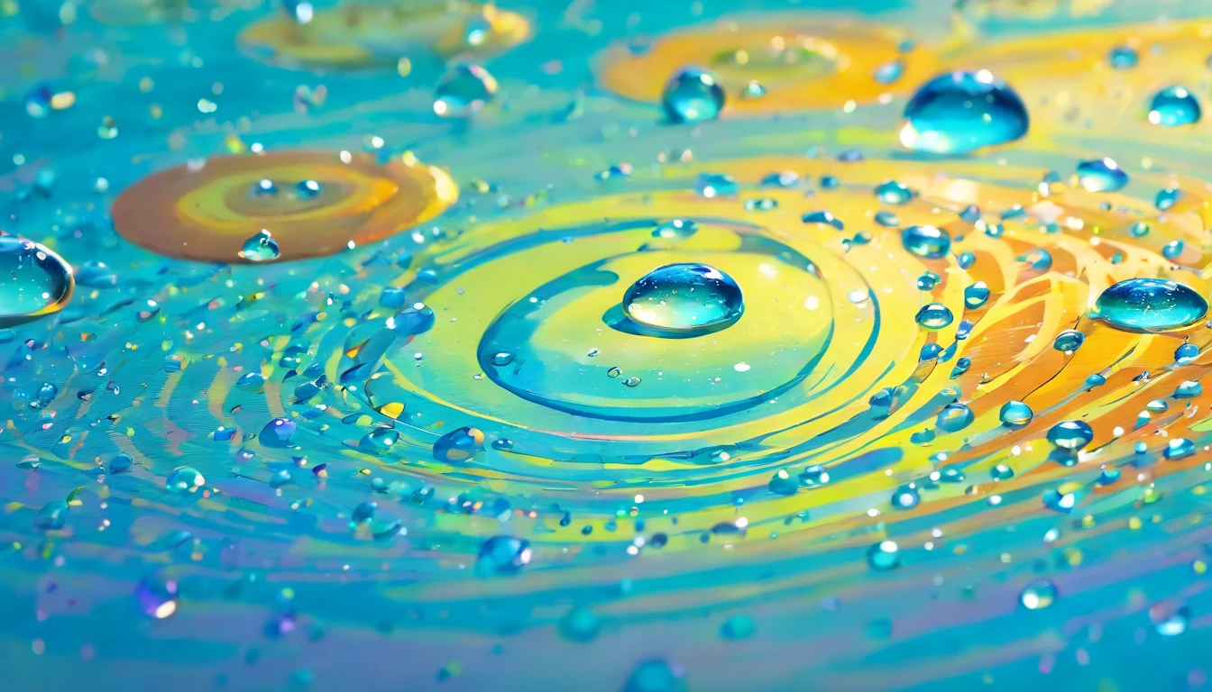an abstract shot of water droplets on a vibrating surface, with multiple droplets creating unique and unpredictable patterns, showcasing the chaos and beauty that arises from the influence of vibration on water