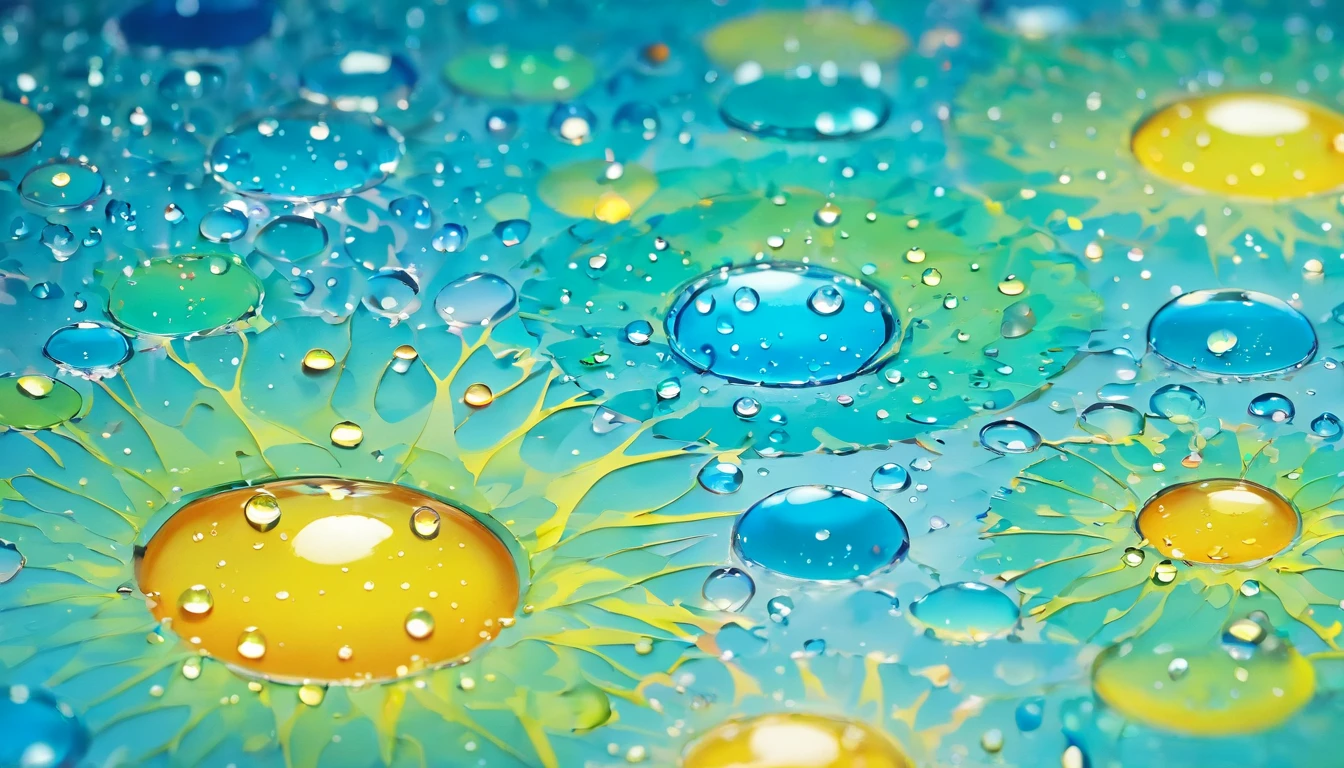 an abstract shot of water droplets on a vibrating surface, with multiple droplets creating unique and unpredictable patterns, showcasing the chaos and beauty that arises from the influence of vibration on water