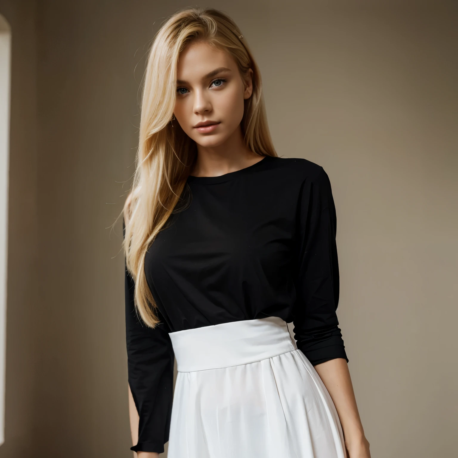 A beautiful model with blond hair and a long black shirt and a white dress
