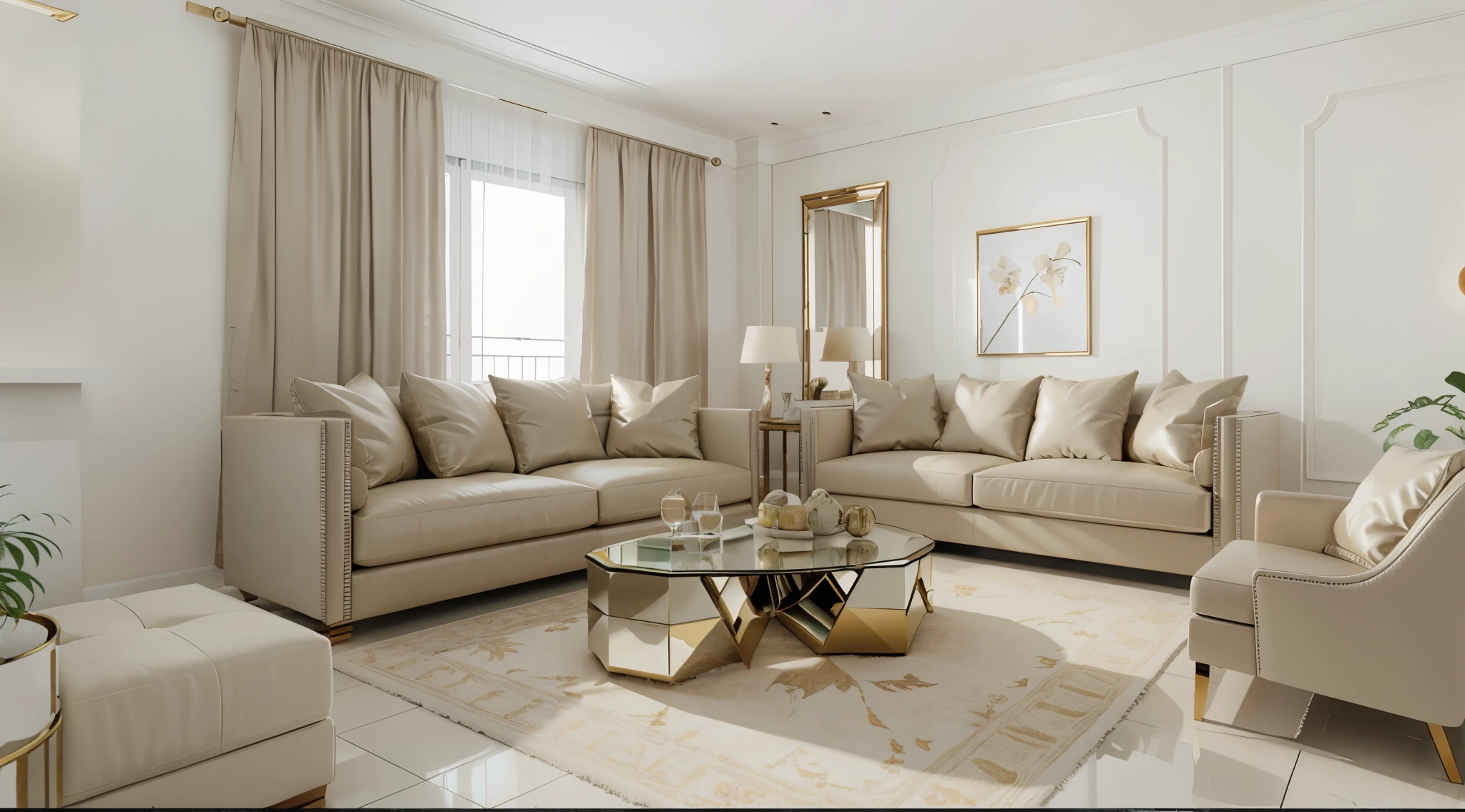 there is a living room with a couch, chair, coffee table and a mirror, high quality 3 d render, high quality 3d render, beige color scheme, very realistic 3 d render, 3 d photorealistic render, elegant render, luxury furniture, photorealistic cinematic render, rendered in corona, elegant furniture, cream - colored room, photorealistic octane 3d render, new classic