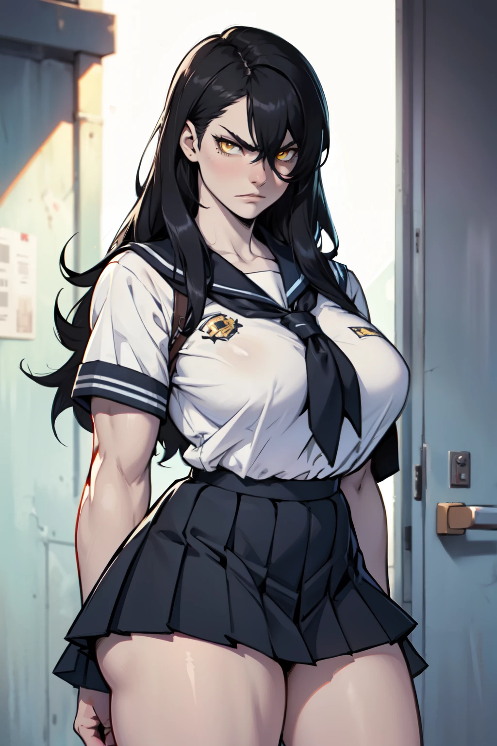 (1girl), black hair, extremely long hair, yellow eyes, ((muscular)), huge breasts, thick thighs, solo, angry, pale skin, cowboy shot, (school uniform)