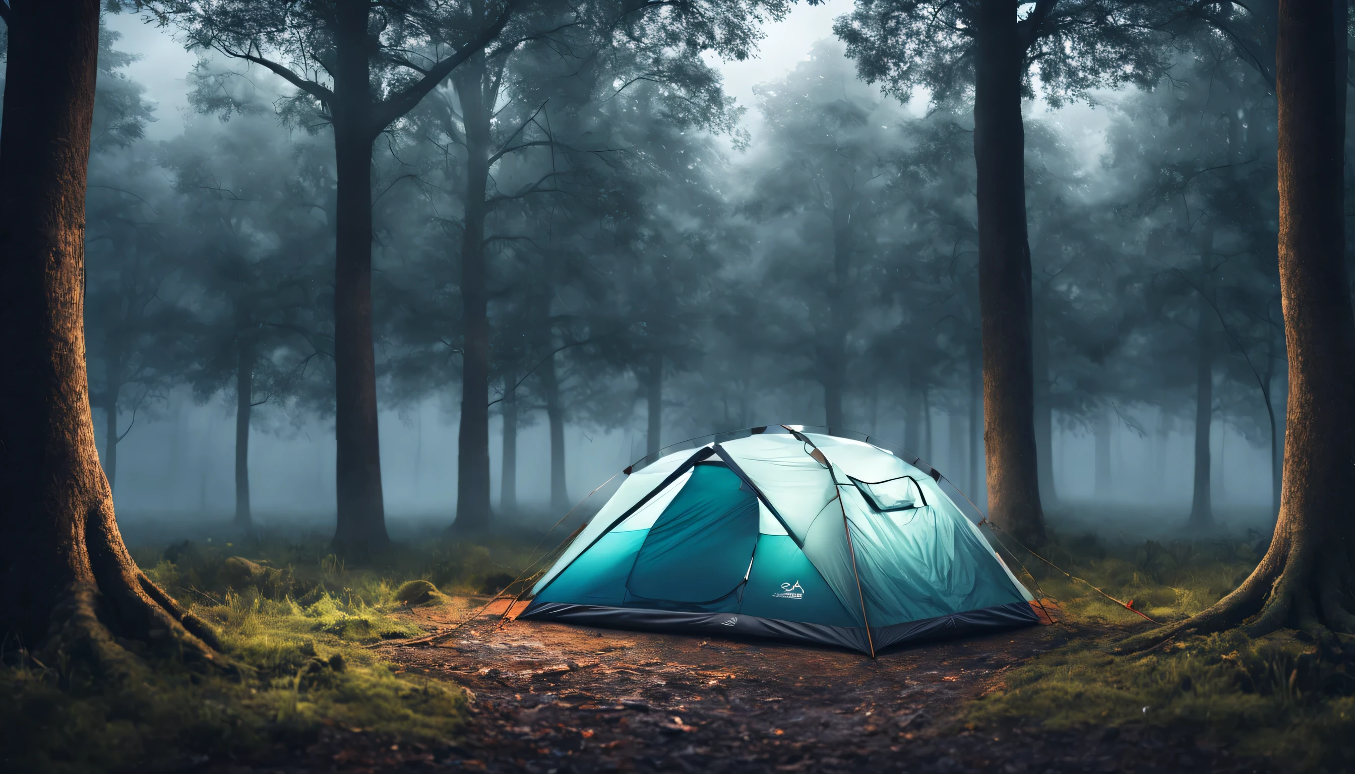 camping tent set up between some trees, with wet floor, em um dia muito nebuloso, sky with dark storm clouds, master part, best quality, alta qualidade, extremamente detalhado CG unit 8k wallpaper, oil painting , award-winning photography, Bokeh, profundidade de campo, HDR, florescer, chromatic aberration, fotorrealista, extremamente detalhado, Artstation Trend, CGSociety trend, intrincado, High detail, Dramatic, Arte no meio da jornada, Volumetric lighting
