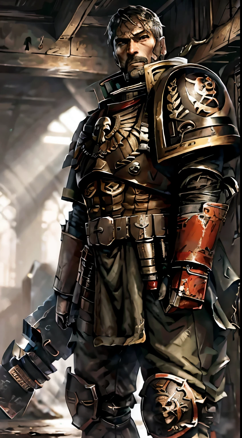 Generate an image of actor Mads Mikkelsen in the Warhammer 40k universe as a mercenary king, clad in a military fabric uniform that seamlessly blends rugged practicality with regal authority. Emphasize the intricate details of the attire, ensuring it reflects both the harsh realities of the war-torn setting and the noble stature of the character. Capture Mads Mikkelsen's expression as a confident and strategic leader navigating the grim challenges of the futuristic battlefield.