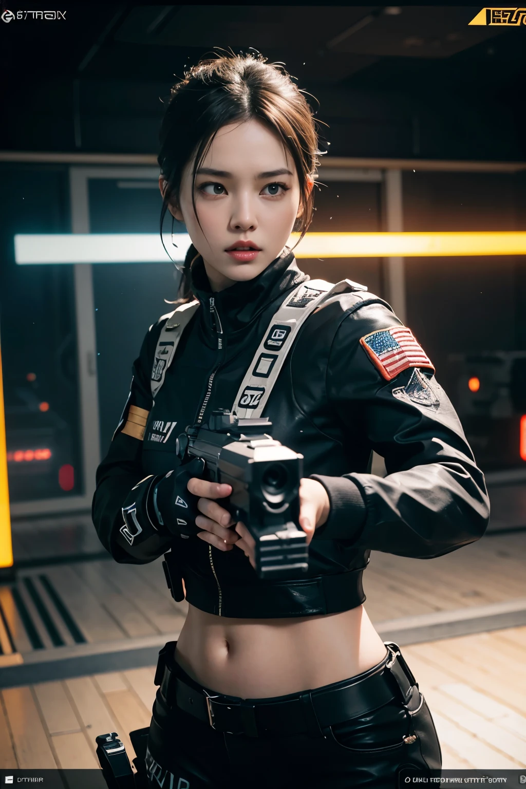 (Highest image quality, outstanding details, ultra-high resolution), 1 girl, (wearing futuristic military outfit), (glamour body:1.2, buffed and muscular body), (a bit chubby:0.5), (military outfit inspired by mechanic designs and space suit, military harness, military gears such as pouches), background military base, kind smile, dynamic pose, dramatic lighting, full body shot,