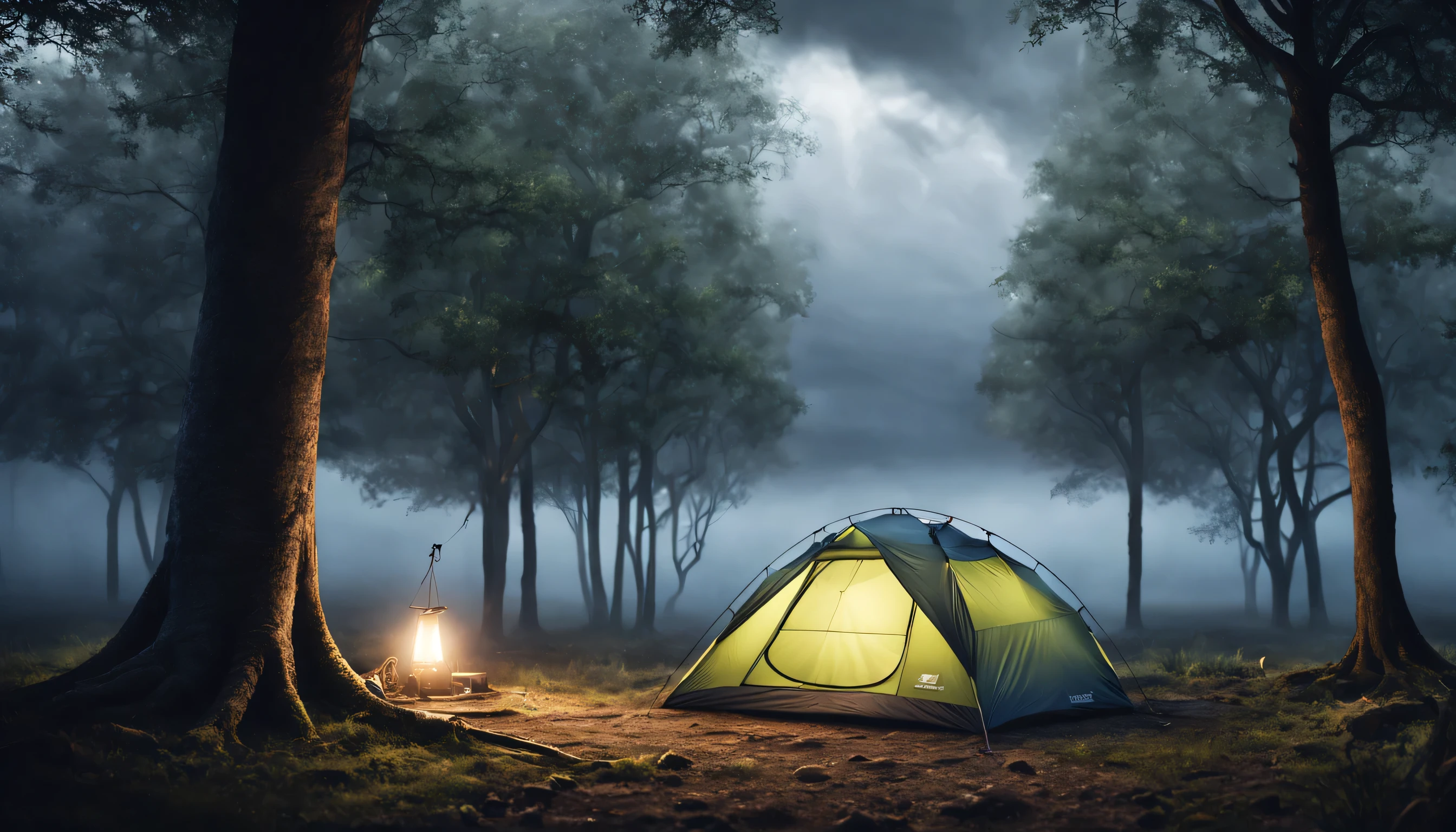 camping tent set up between some trees, with wet floor, em um dia muito nebuloso, sky with dark storm clouds, master part, best quality, alta qualidade, extremamente detalhado CG unit 8k wallpaper, oil painting , award-winning photography, Bokeh, profundidade de campo, HDR, florescer, chromatic aberration, fotorrealista, extremamente detalhado, Artstation Trend, CGSociety trend, intrincado, High detail, Dramatic, Arte no meio da jornada, Volumetric lighting
