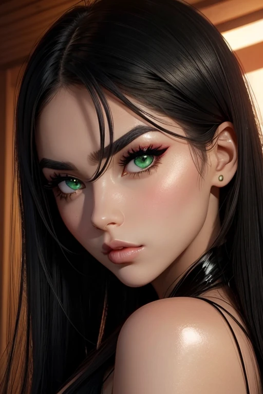 hot girl face , eyelaner , green eyes , ,black shiny long hair, shiny red blush, arch black eyebrows , only face