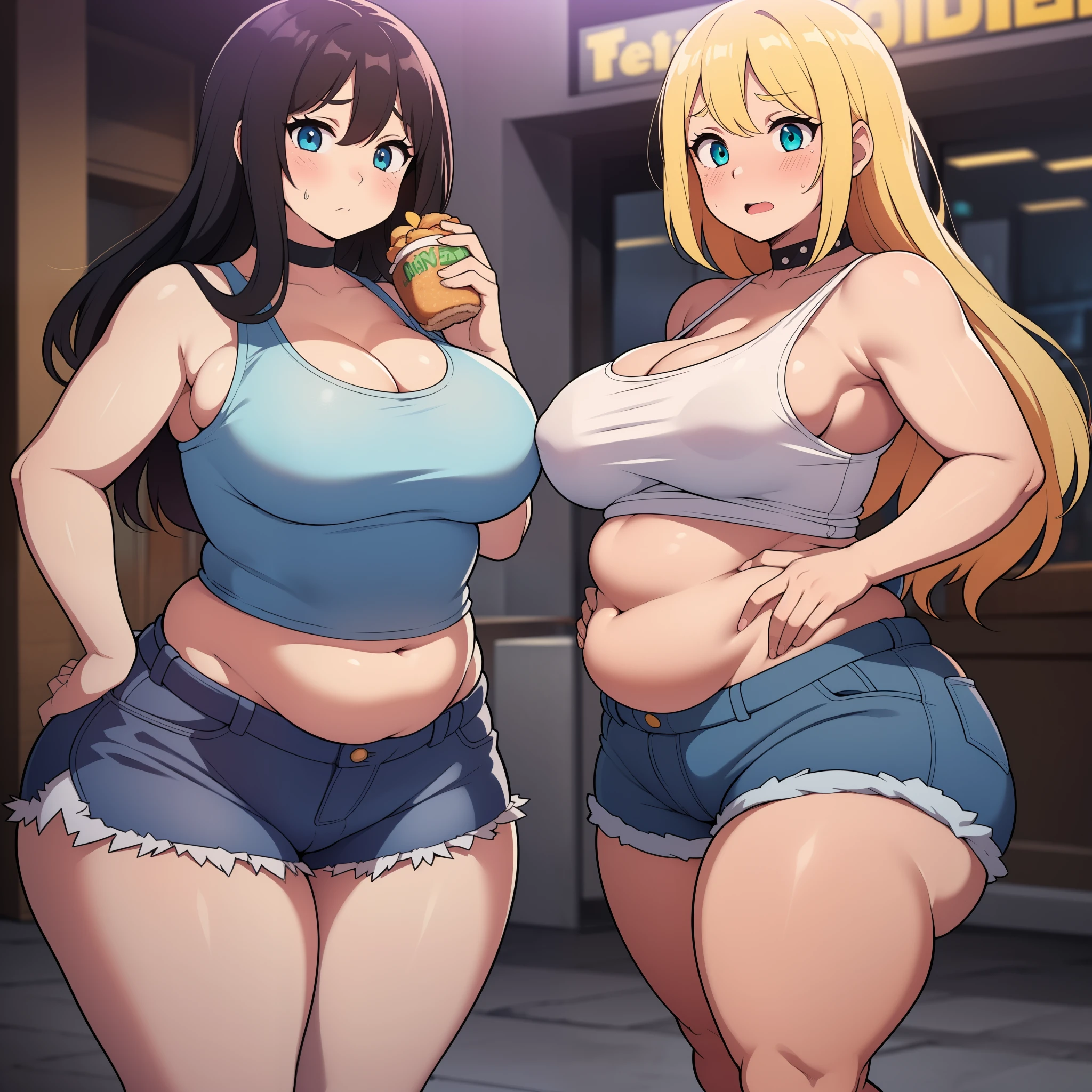 ((Masterpiece)), perfect anatomy, perfect shading, field of depth, (best quality), extremely delicate and beautiful, perfect lighting, detailed face, ultra cute face, cute, (cowboy shot 1.2), full body, (((2girls))), ((2 girls 1 and 2))
Girl 1: has long hair, fluffy hair, blonde hair, blue eyes, ((blush)), (embarrassed), extremely tight clothes, medium breasts, cleavage, perky breasts, ((wide hips)), (thick thighs), ((big butt)), ((chubby)), pudgy belly, fat rolls, belly hang,
Girl 2: has short hair, fluffy hair, brown hair, green eyes, ((blush)), worried, chocker, extremely tight clothes, medium breasts, cleavage, perky breasts, (((wide hips))), ((thick thighs)), ((big butt)), ((plump)), chubby belly, fat rolls, belly hang, she has a jiggly belly,
Fast food restaurant, intricate background, detailed background, girls are standing next to each other, (white tank top 1.2), (shorts 1.2),