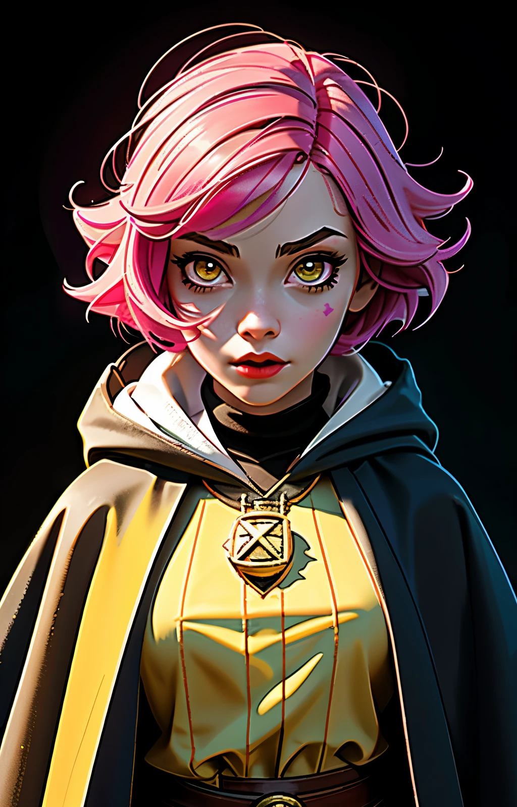 1girl, short pink hair,(hufflepuff House Cloak),( inner cloak yellow:1), (outer cloack black:1),yellow eyes, looking at viewer, solo, full body,(masterpiece:1.4),(best quality:1.4),red lips,parted lips, background complex hogwarts castle:1,dramatic shadows,extremely_beautiful_detailed_anime_face_and_eyes,an extremely delicate and beautiful,dynamic angle, cinematic camera, hero pose,depth of field,chromatic aberration,backlighting,Watercolor, Ink, epic, candystyle, more detail.