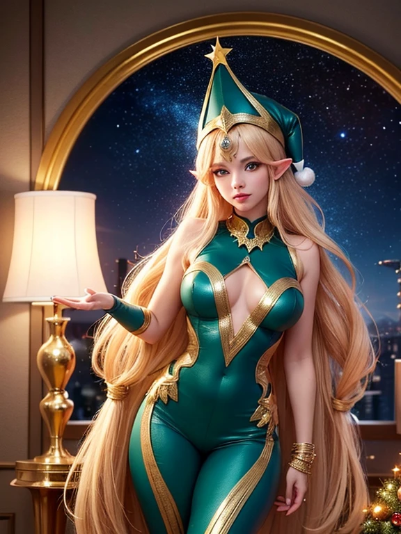 " sexy elf with golden hair explores a mysterious cosmic gift in a cozy space jumpsuit and Santa hat.. Describe this moment, when her eyes reflect the sparkle of stars and the twinkle of jewelry, as if the magic of cosmic magic is spilling into every corner of the ship. How would you convey this message?, spreading festive extravagance?????", ultra detail, hiquality, 8K