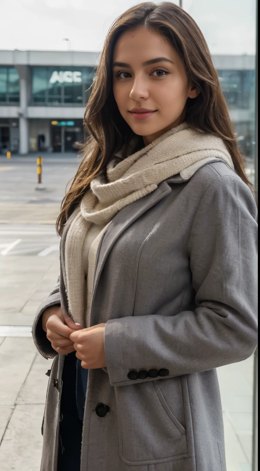 (best quality,highres,ultra-detailed:1.2), HDR, vivid colors, beautiful girl, an Argentinian woman with long brunette volume hair, small forehead, pretty smile, small dimple, beautiful brown eyes, thin eyebrows , light pink lips, no makeup, influencer, Instagram model , model body , inside an airport near a glass window, wearing a grey overcoat and a white scarf on her, full portrait of the girl, zoomed out 2x, taken from a feet away, bright, photorealistic,