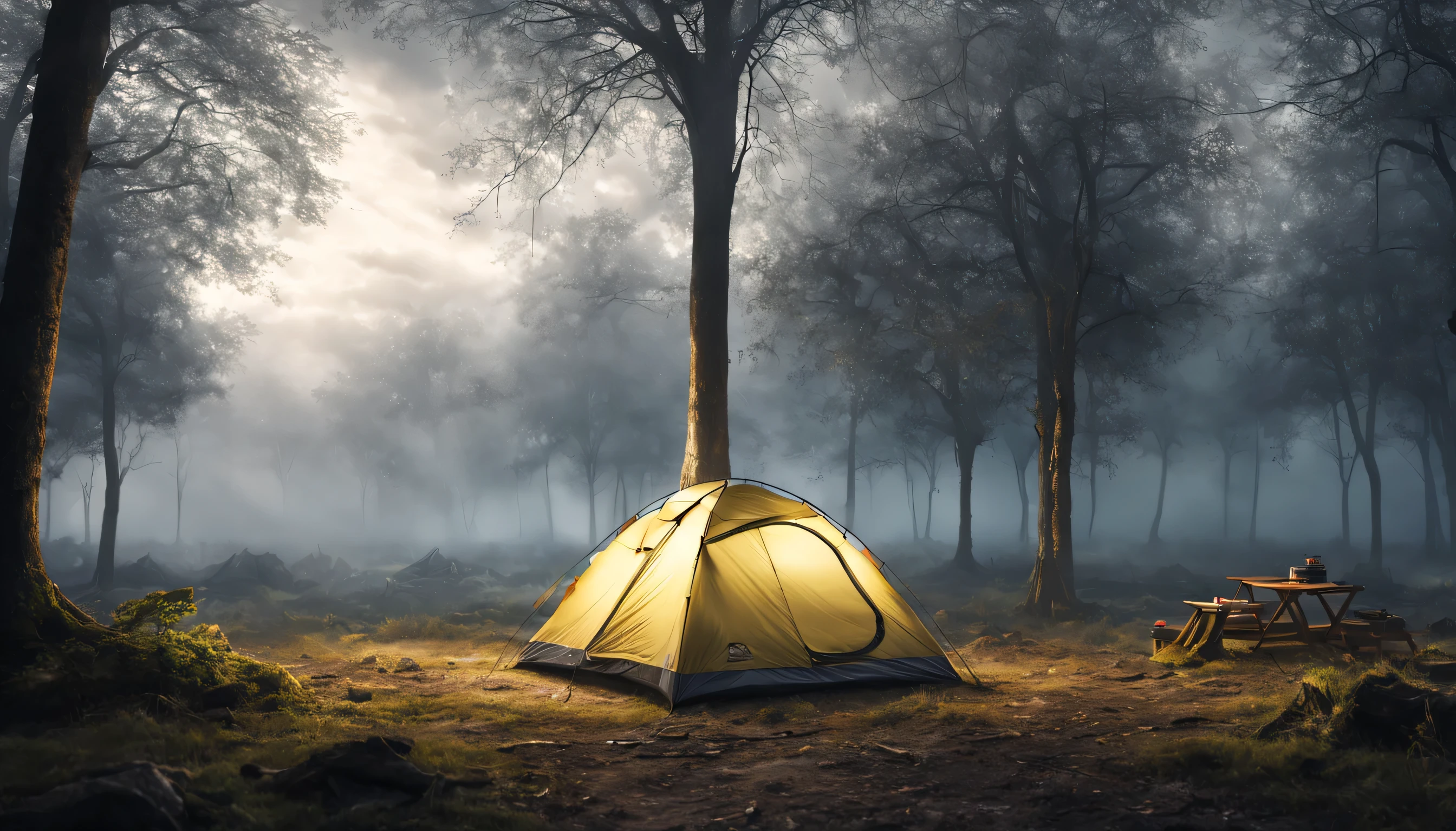 camping tent set up between some trees, with wet floor, em um dia muito nebuloso, sky with dark storm clouds, master part, best quality, alta qualidade, extremamente detalhado CG unit 8k wallpaper, oil painting , award-winning photography, Bokeh, profundidade de campo, HDR, florescer, chromatic aberration, fotorrealista, extremamente detalhado, Artstation Trend, CGSociety trend, intrincado, High detail, Dramatic, Arte no meio da jornada, Volumetric lighting