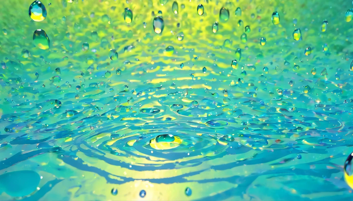 an abstract shot of water droplets on a vibrating surface, with multiple droplets creating unique and unpredictable patterns, showcasing the chaos and beauty that arises from the influence of vibration on water