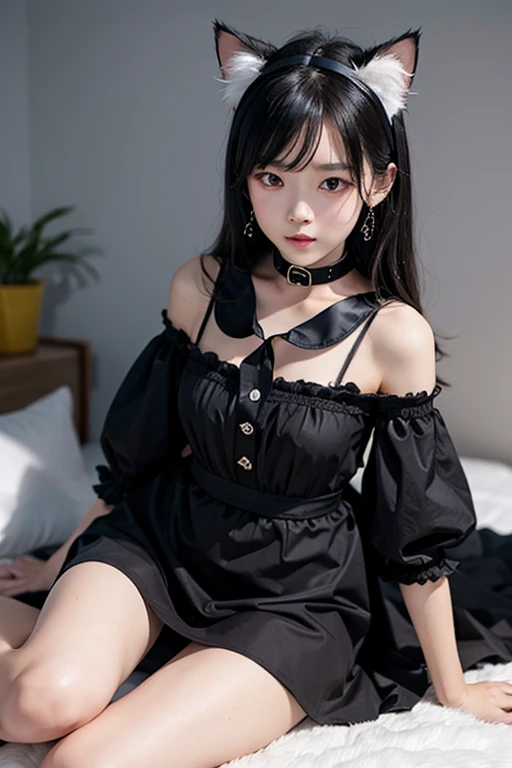 misa amane, Death, Blonde, Twin tail hair, Black Ribon, gothic dress, Short skirt, no sleeves, Holding a Deat note in hand、1girll,(Captivating quality:1.4),(True textured skins of the highest quality), Delicate face,Black hair, Gradient Hair, petite body,(perfect bodies:1.1), There is a jewel on the forehead, rimless eyewear, PUPILS SPARKLING,long eyelasher,grin, hyperphotorealism, Cinematic lighting, projected inset, surrealism, hyper HD, masutepiece, 16 K,Lie down,Dream On,Please wear clear silk pajamas,Carmelto,legs slightly open,tattooed,Fantasy space,Luxurious space