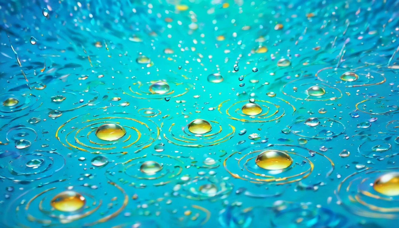 an abstract shot of water droplets on a vibrating surface, with multiple droplets creating unique and unpredictable patterns, showcasing the chaos and beauty that arises from the influence of vibration on water