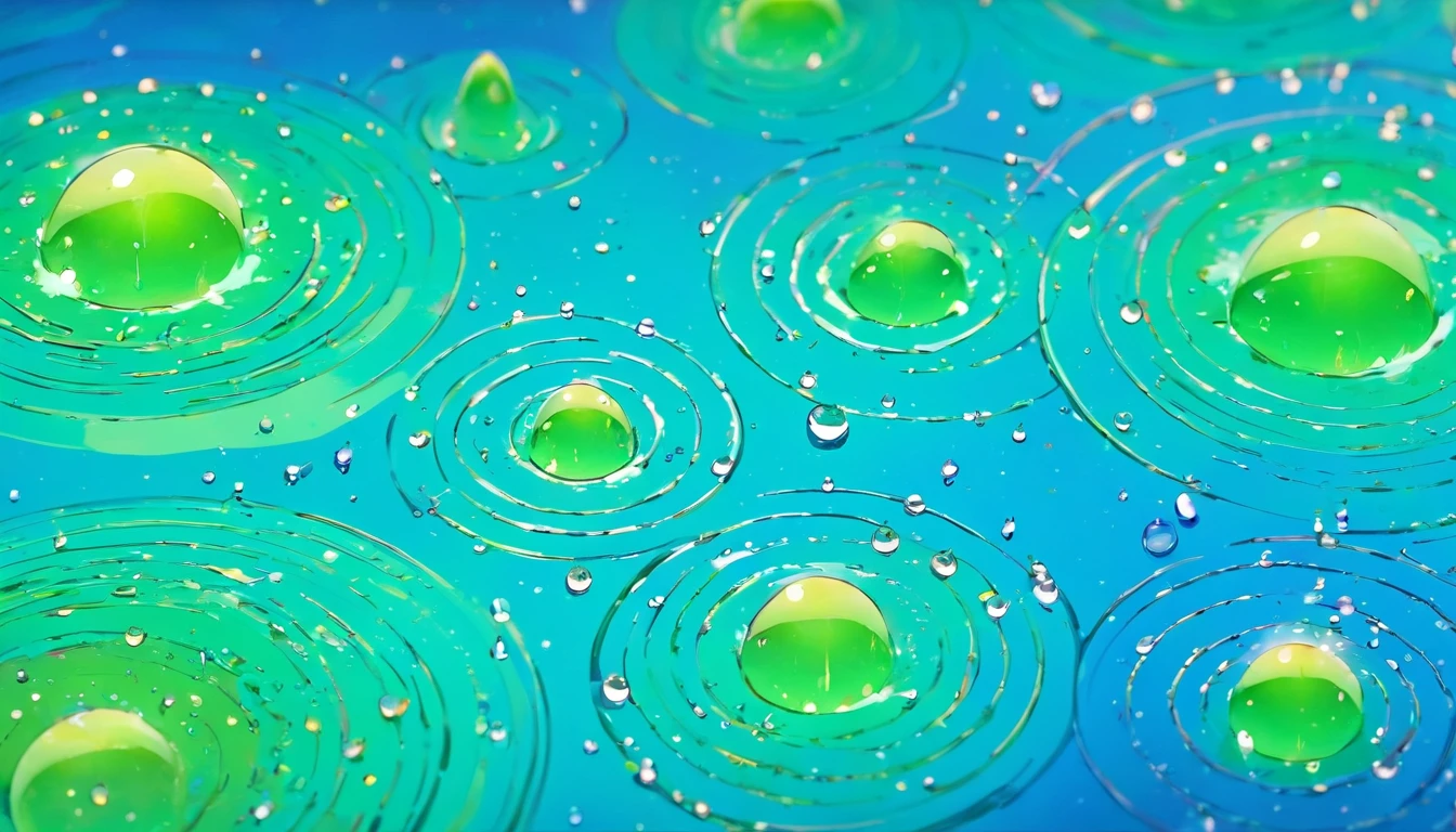 an abstract shot of water droplets on a vibrating surface, with multiple droplets creating unique and unpredictable patterns, showcasing the chaos and beauty that arises from the influence of vibration on water