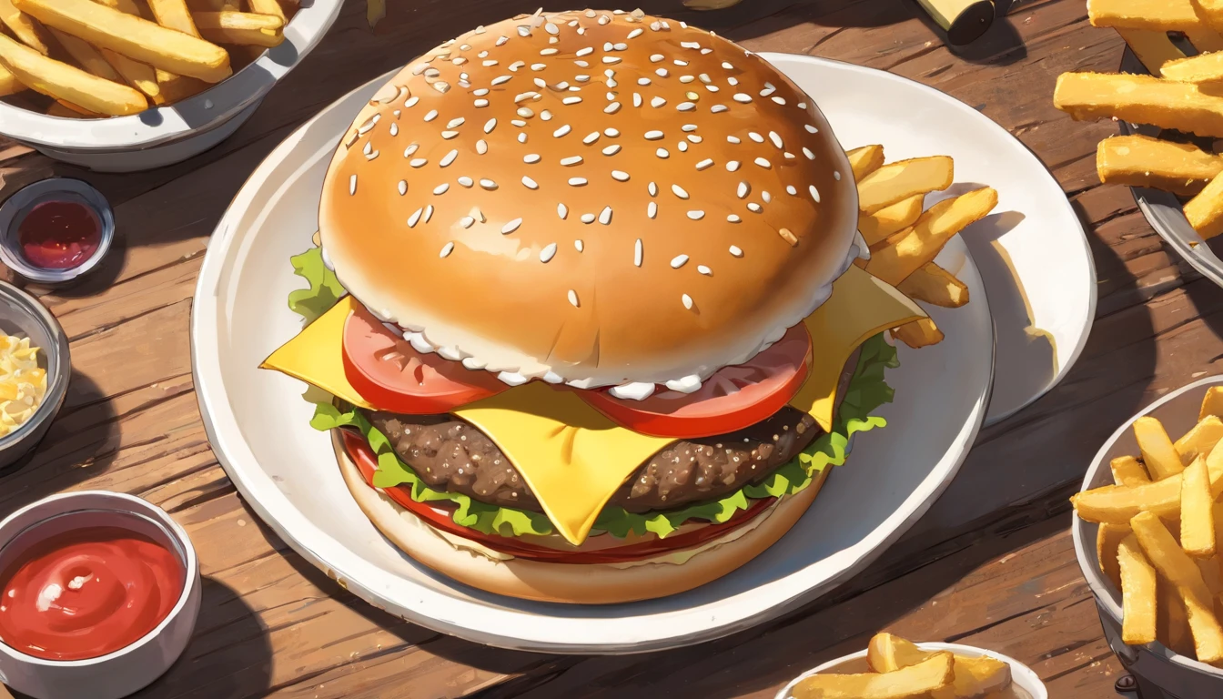 a top-down shot of a cheeseburger on a rustic wooden table, with sesame seeds sprinkled on the bun and a side of crispy golden fries, creating a classic American diner aesthetic