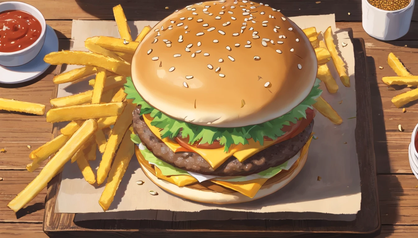 a top-down shot of a cheeseburger on a rustic wooden table, with sesame seeds sprinkled on the bun and a side of crispy golden fries, creating a classic American diner aesthetic