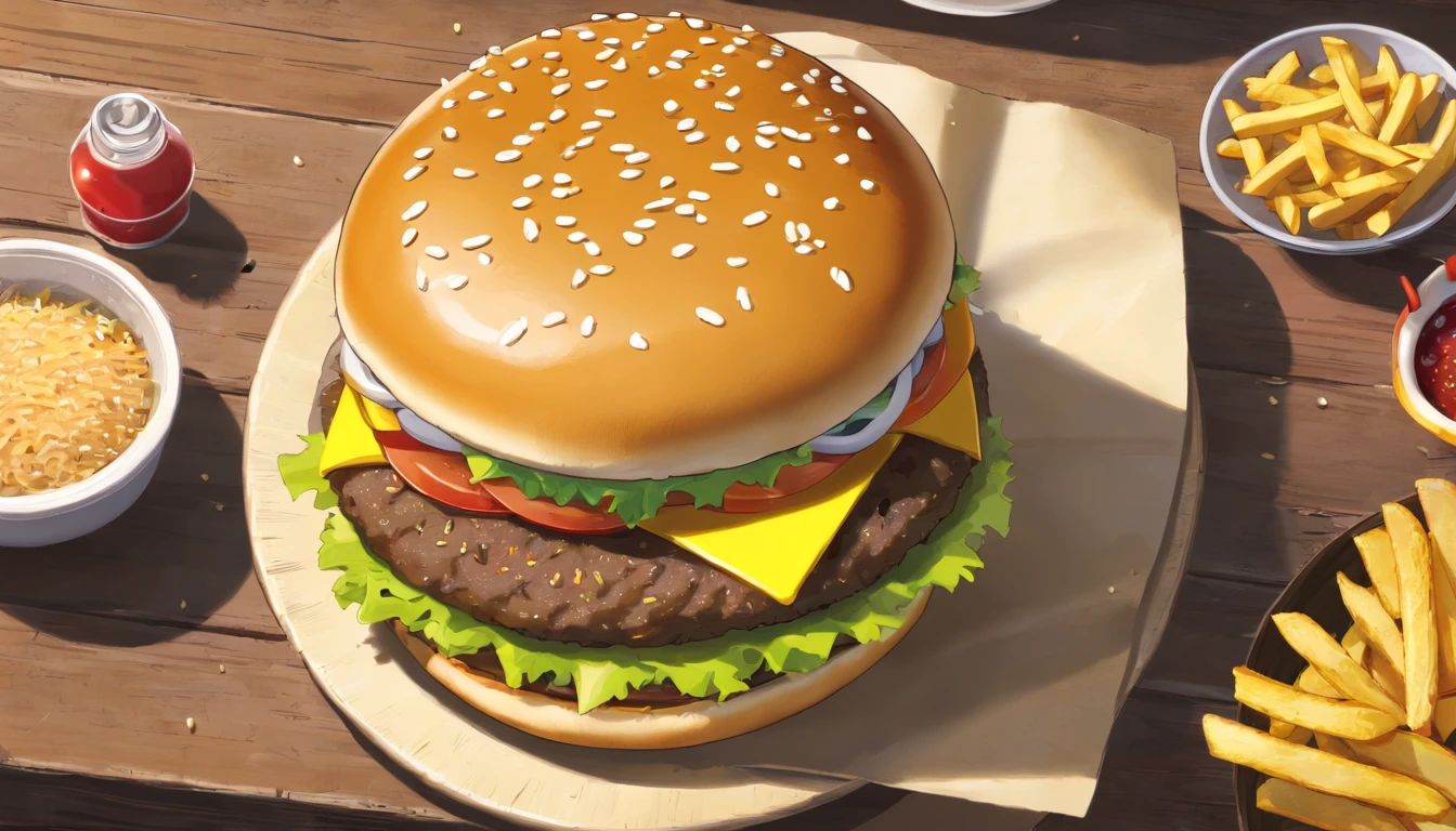 a top-down shot of a cheeseburger on a rustic wooden table, with sesame seeds sprinkled on the bun and a side of crispy golden fries, creating a classic American diner aesthetic