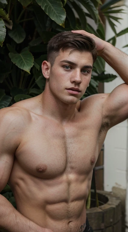 Young white man rugby, 18 years old, military haircut, dark hair, intense green eyes fixed, intense gaze, affiliated features, no facial hair, height 1.93, weight 90 kg, muscular build, broad shoulders, V-shaped body, sleeve tattoo in the arm, full body focus, completely hairless,