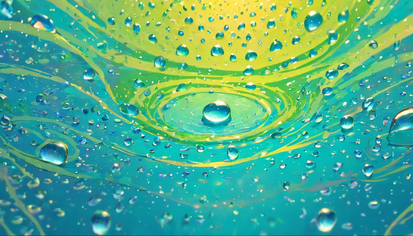 an abstract shot of water droplets on a vibrating surface, with multiple droplets creating unique and unpredictable patterns, showcasing the chaos and beauty that arises from the influence of vibration on water