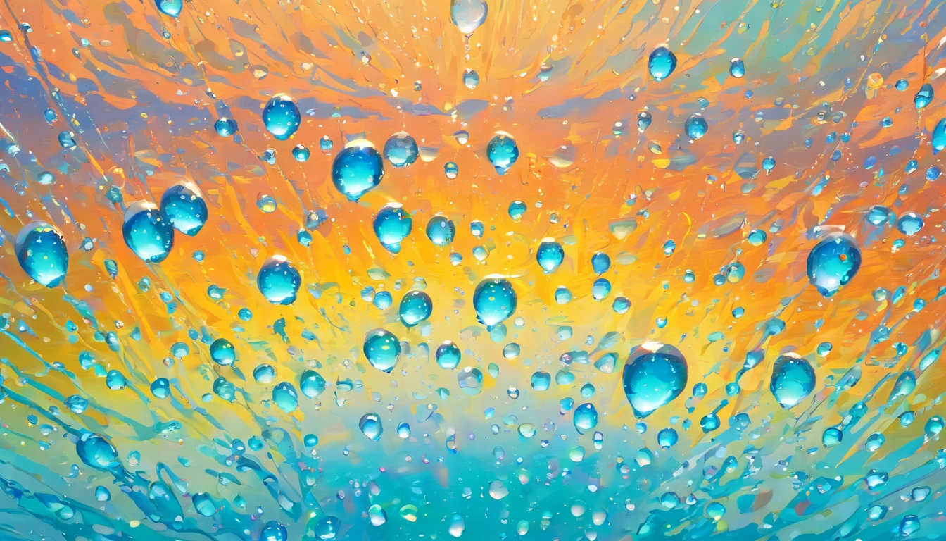 an abstract shot of water droplets on a vibrating surface, with multiple droplets creating unique and unpredictable patterns, showcasing the chaos and beauty that arises from the influence of vibration on water