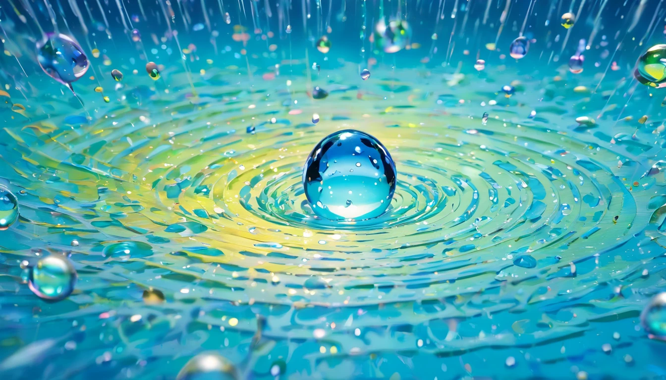 an abstract shot of water droplets on a vibrating surface, with multiple droplets creating unique and unpredictable patterns, showcasing the chaos and beauty that arises from the influence of vibration on water