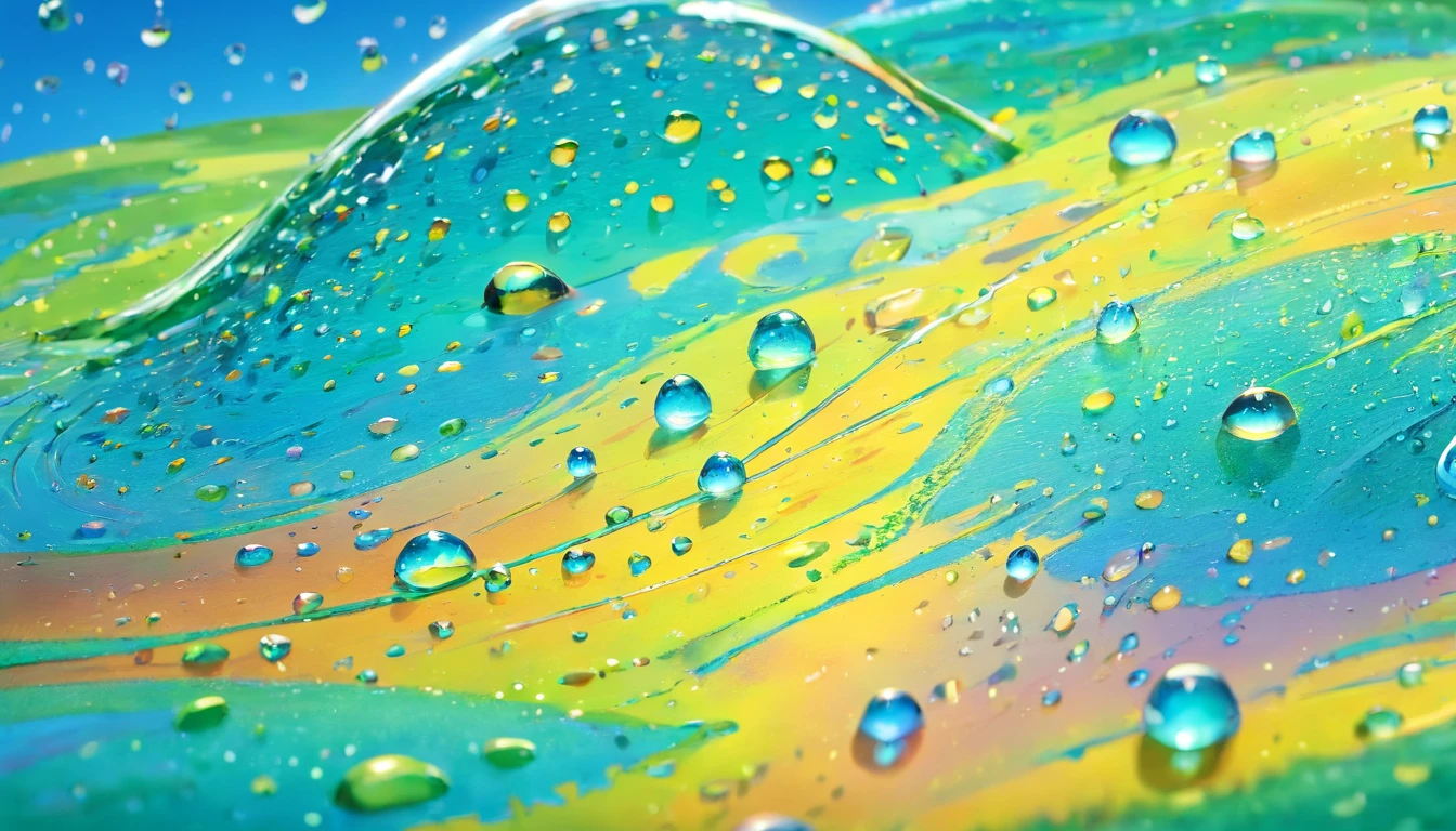 an abstract shot of water droplets on a vibrating surface, with multiple droplets creating unique and unpredictable patterns, showcasing the chaos and beauty that arises from the influence of vibration on water