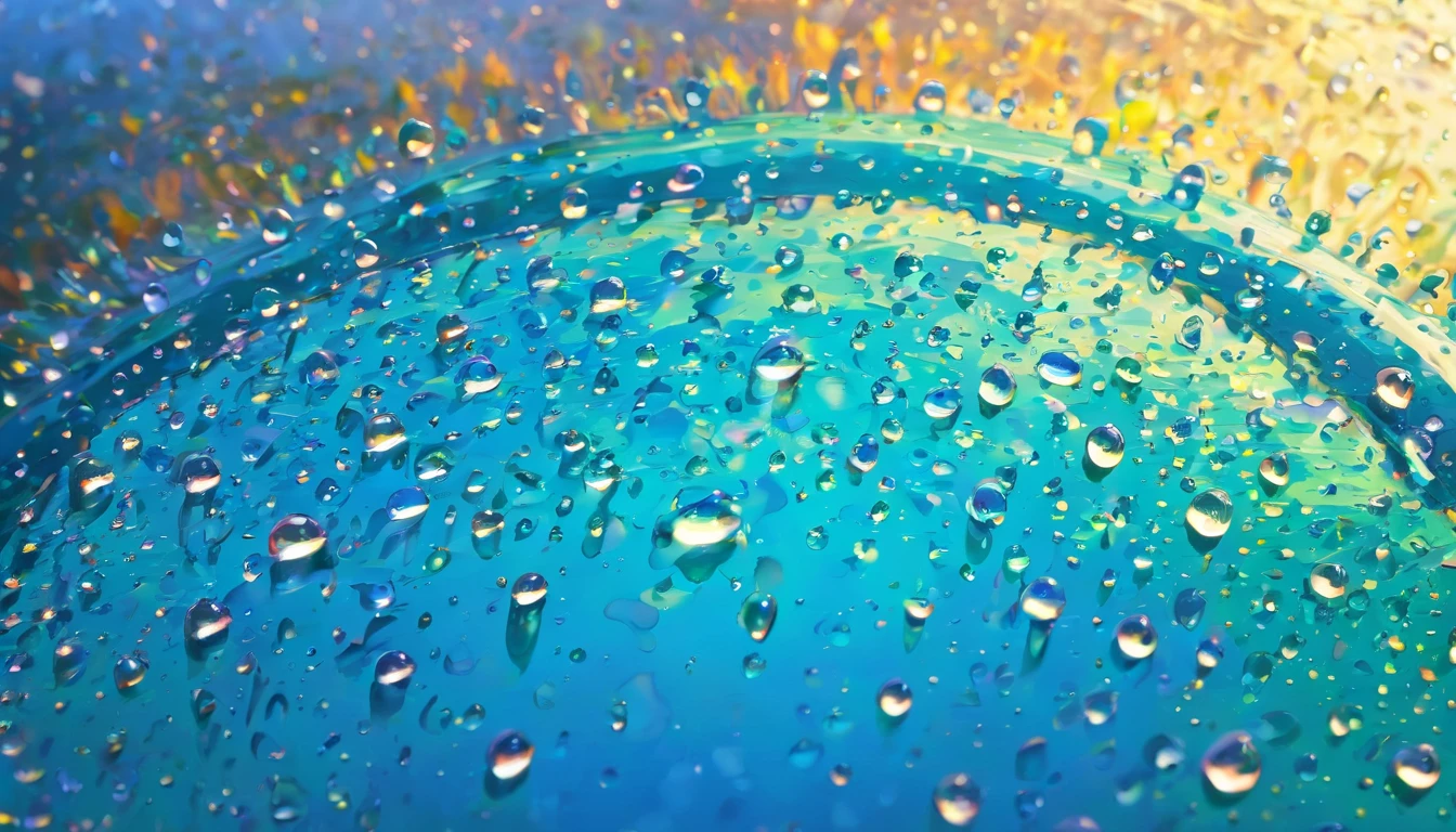 an abstract shot of water droplets on a vibrating surface, with multiple droplets creating unique and unpredictable patterns, showcasing the chaos and beauty that arises from the influence of vibration on water