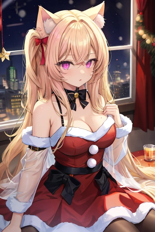 is a cat girl, blonded hair, long hair, (pink eyes), wear a Christmas Dress, medium breasts, sexy