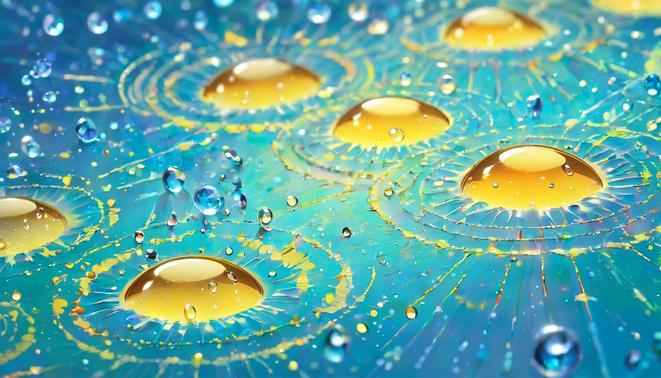 an abstract shot of water droplets on a vibrating surface, with multiple droplets creating unique and unpredictable patterns, showcasing the chaos and beauty that arises from the influence of vibration on water